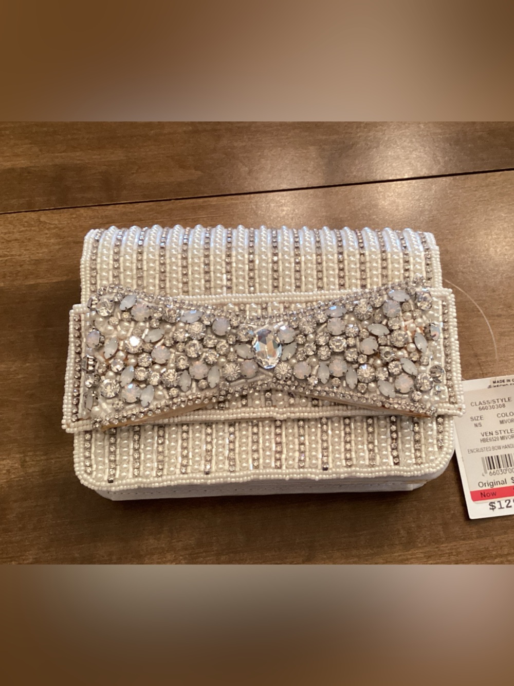David’s Bridal Beaded White Evening Clutch with Crystal Bow Accent